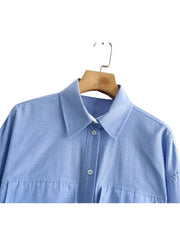 Women’s Crop Oxford Shirt – Long Sleeve, Lapel & Pocket Design