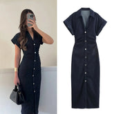 Elegant Denim Midi Dress – ETJ 2025 Collection with Slim Wrinkle Waist