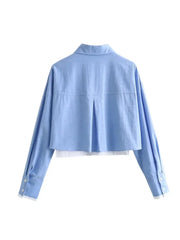 Women’s Crop Oxford Shirt – Long Sleeve, Lapel & Pocket Design