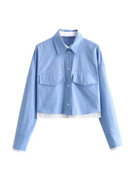Women’s Crop Oxford Shirt – Long Sleeve, Lapel & Pocket Design