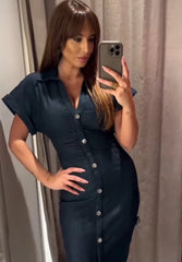 Elegant Denim Midi Dress – ETJ 2025 Collection with Slim Wrinkle Waist