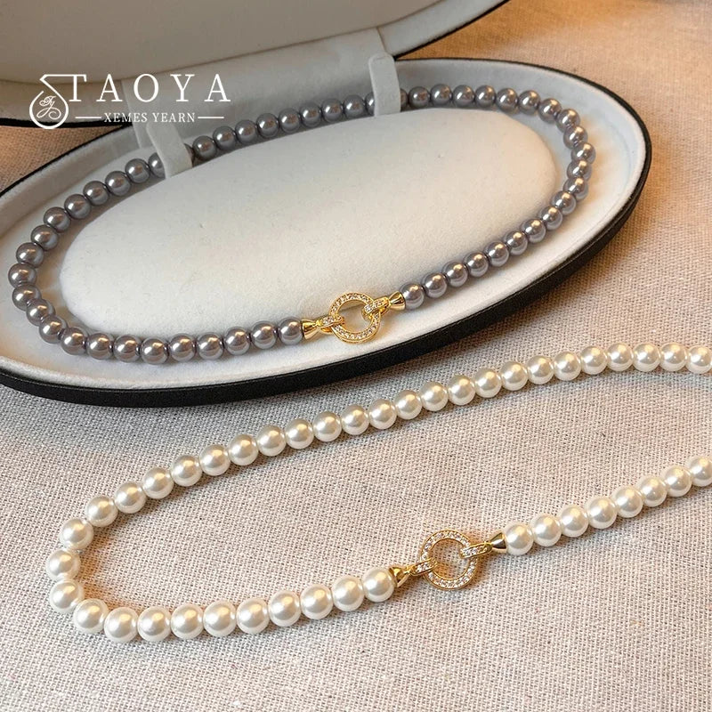 Elegant Pearl Beaded Necklace with Zircon Buckle