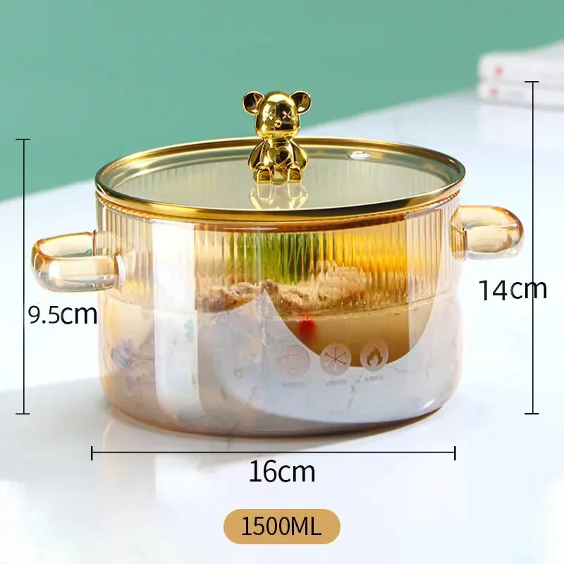 Small Bear Heatproof Glass Soup Pot with Lid for Instant Noodles