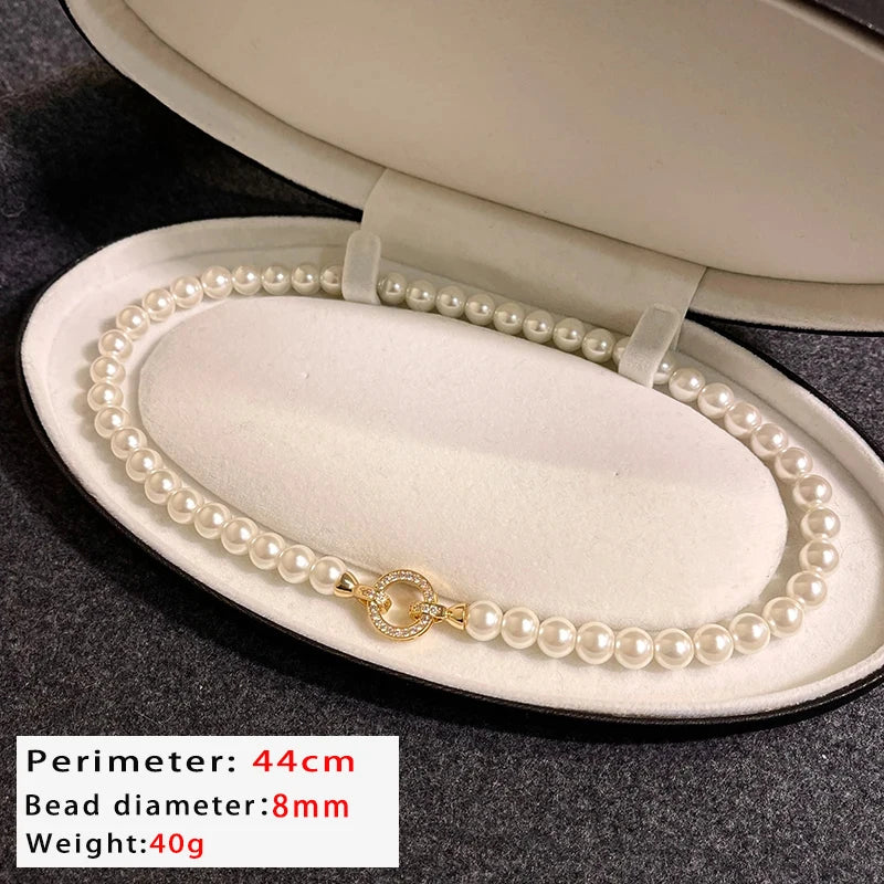 Elegant Pearl Beaded Necklace with Zircon Buckle