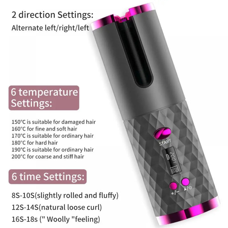 Cordless Automatic Hair Curler - USB Rechargeable & Adjustable Temperature