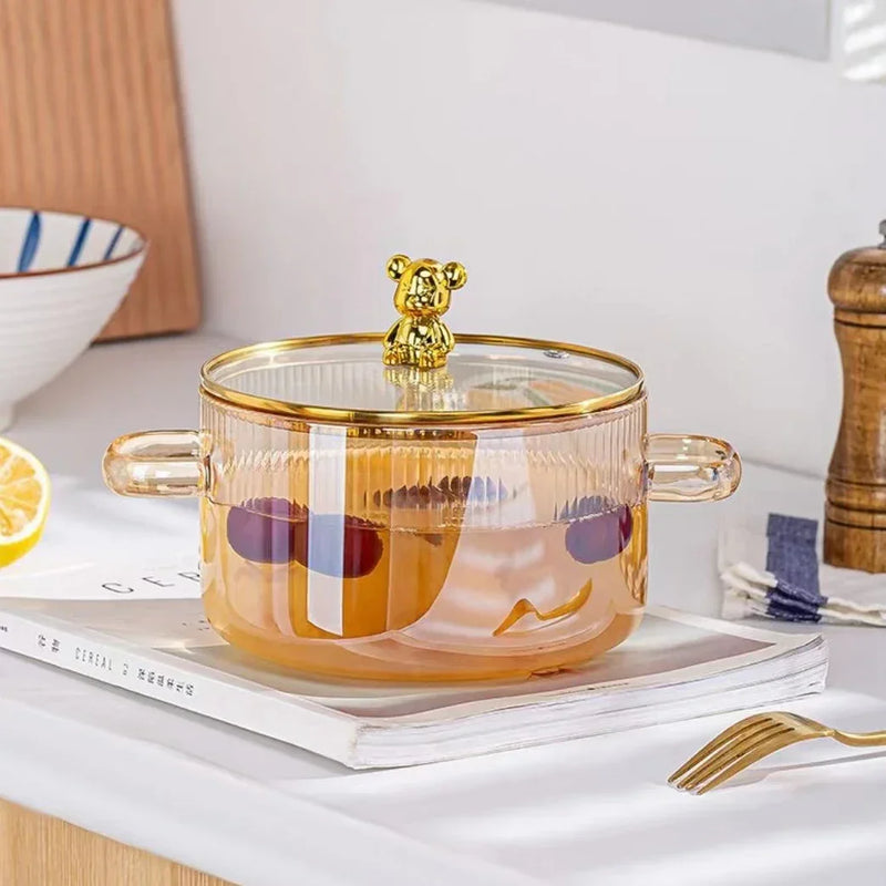 Small Bear Heatproof Glass Soup Pot with Lid for Instant Noodles